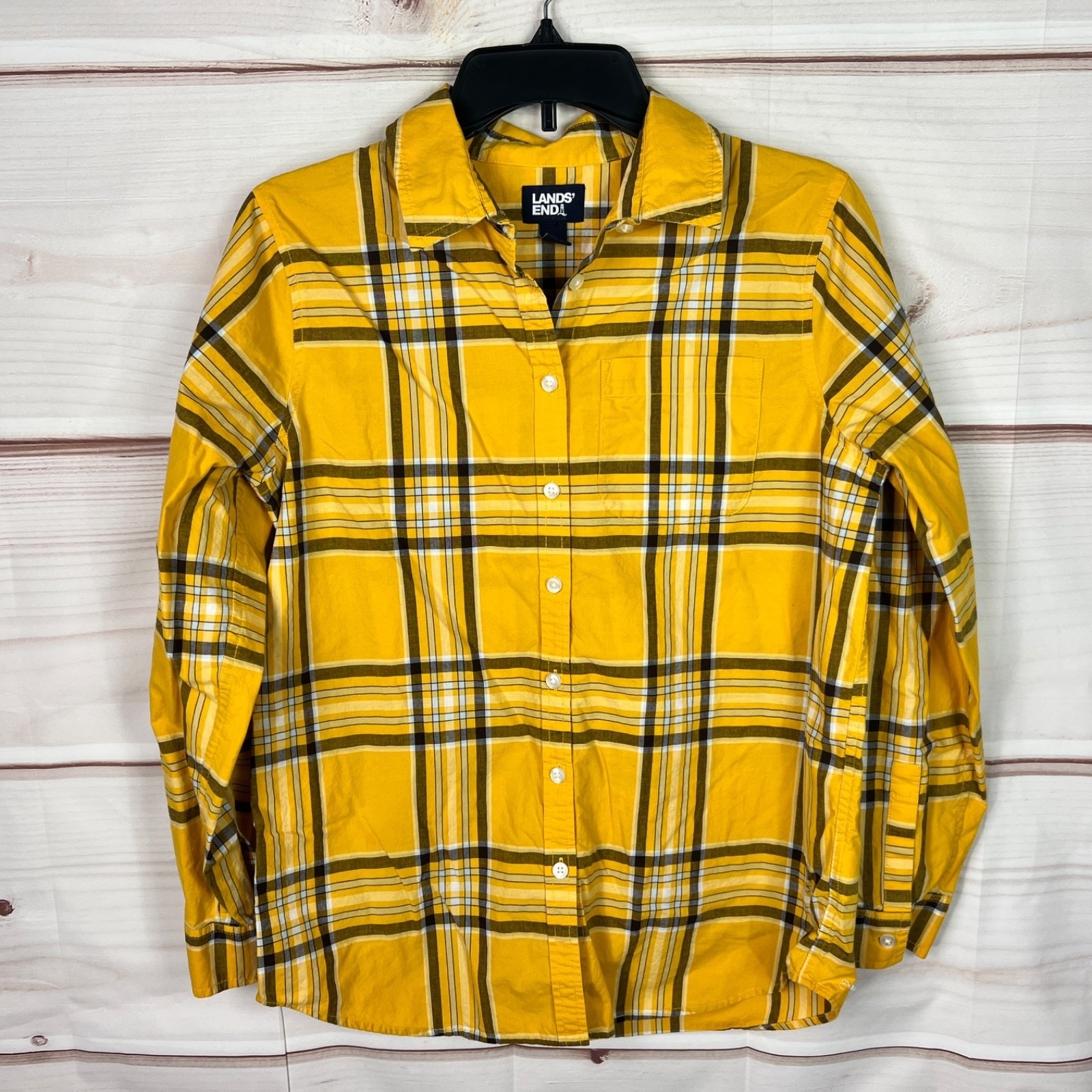 Lands End Top Womens Small Yellow Plaid Cotton Boyfriend Fit Long Sleeve Tunic